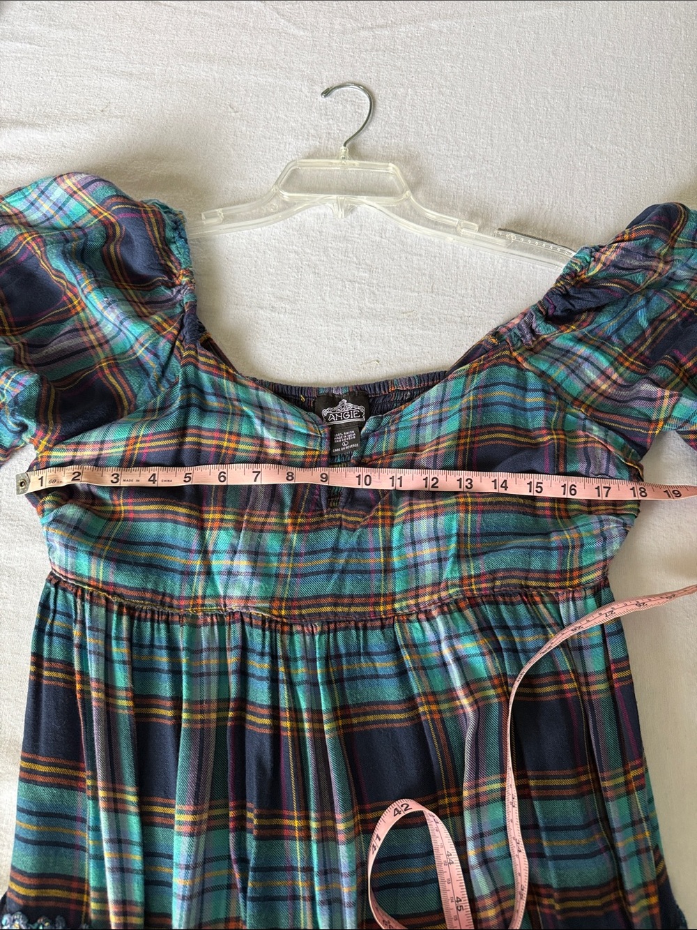 Angie Plaid Tiered knee length Dress in Teal and Navy Size L - Picture 5 of 6